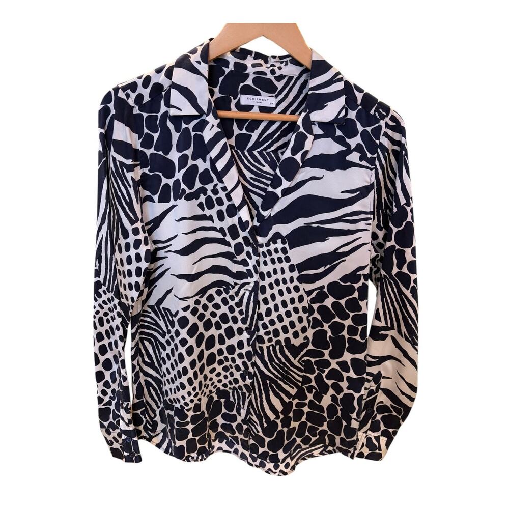 EQUIPMENT Women's Silk Blouse Small Navy Blue Zebra Animal Print - Adalyn